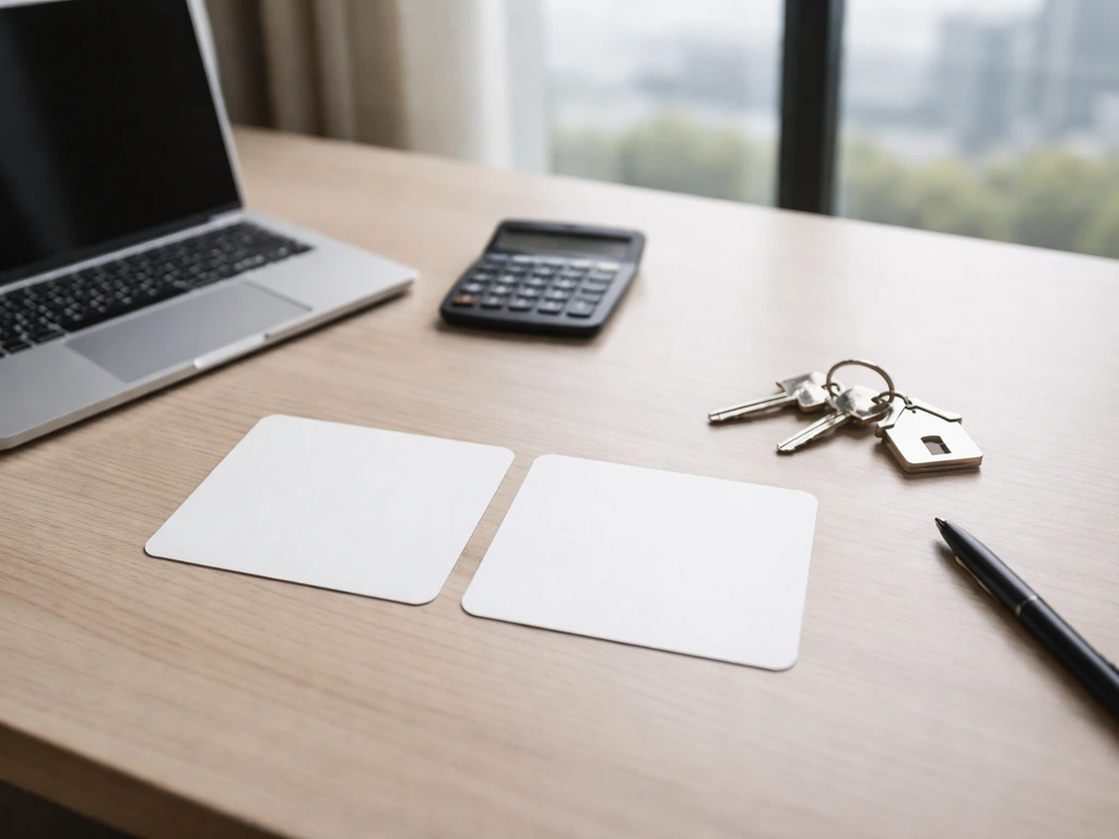 Minimal desk scene with two blank cards laid out beside a calculator and a mansion key tag