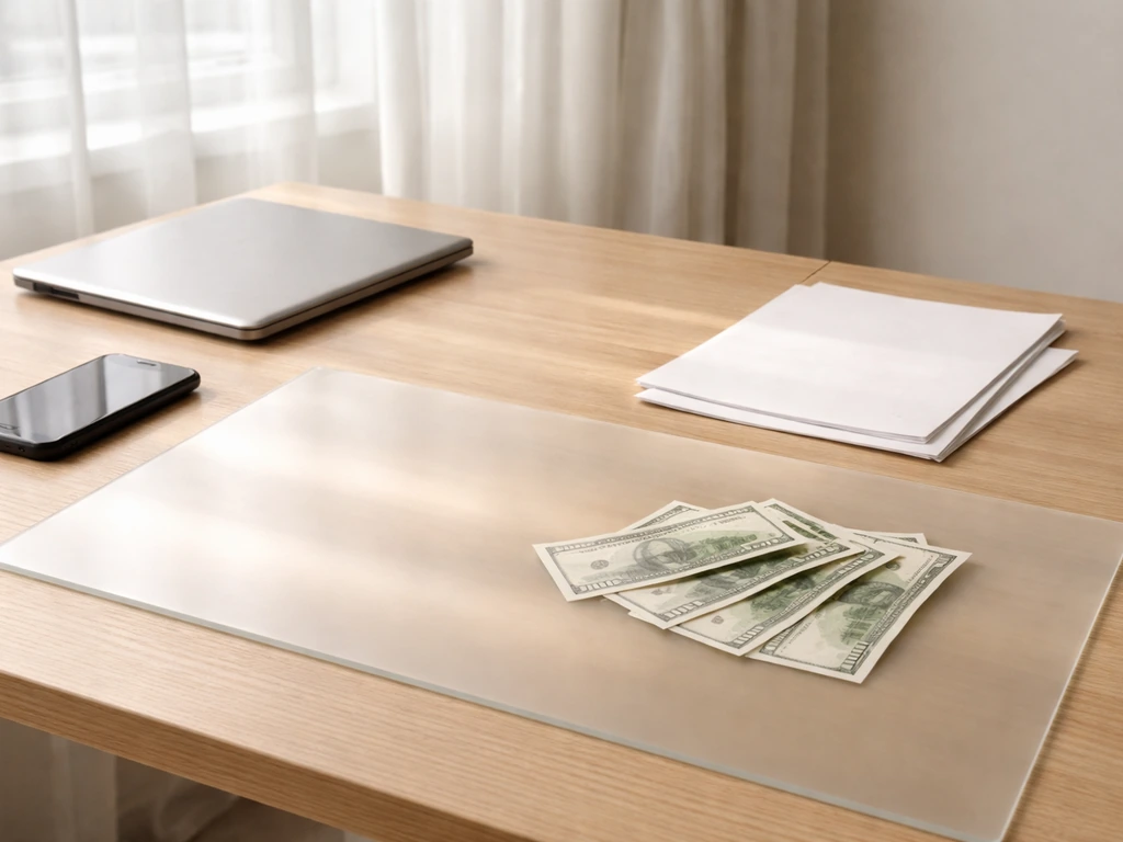 Minimal office desk with a laptop and scattered cash receipts, evoking competing net worth estimates