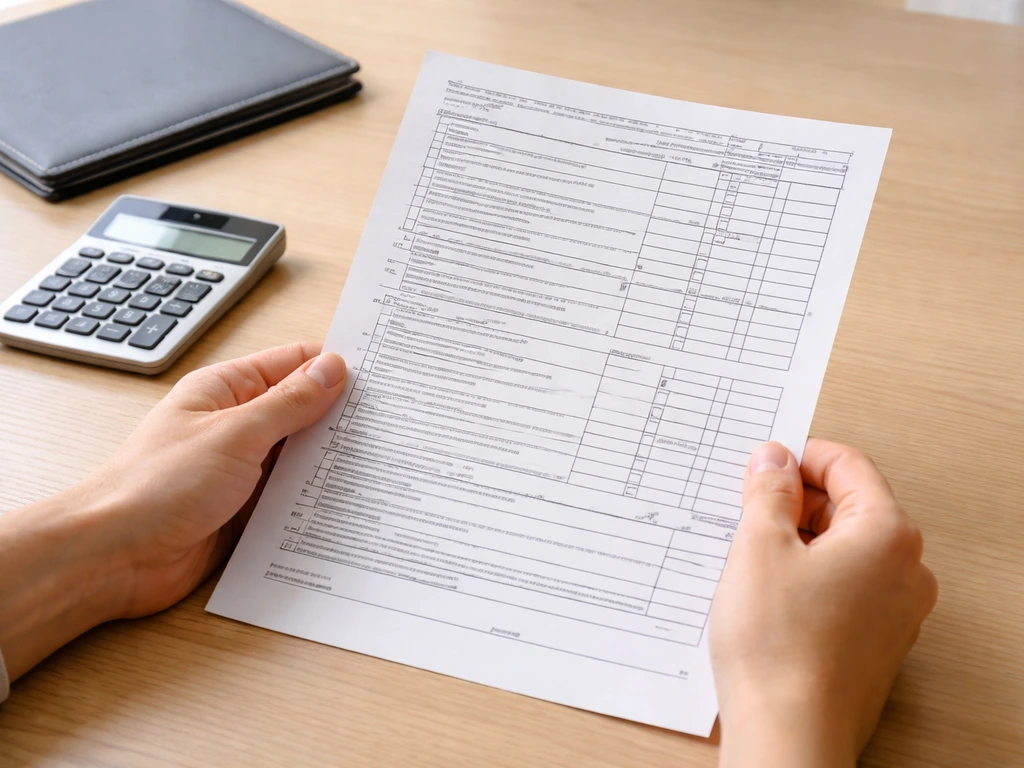 Anonymous hands reviewing a generic Form 990-style document on a quiet desk with a calculator nearby.
