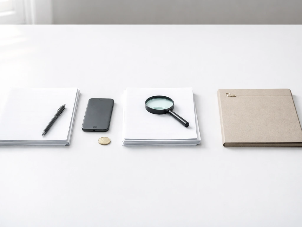 Minimal photo of a desk checklist for verifying financial figures, with documents and a magnifying glass