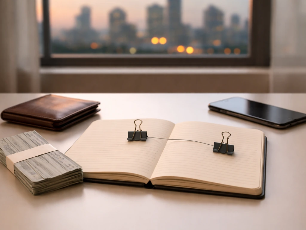 Minimal finance desk scene with wallet, blank notebook, and city view, symbolizing a reasonable net worth range.