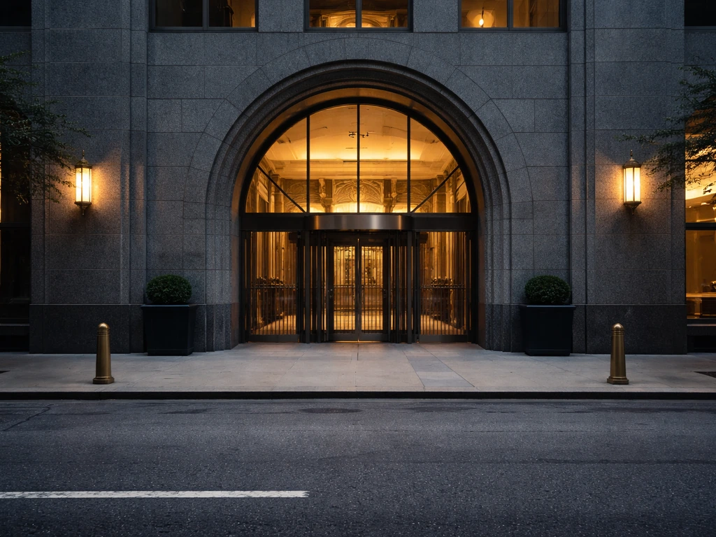 Wall Street investment building entrance exterior at dusk, empty sidewalk, finance-industry atmosphere.