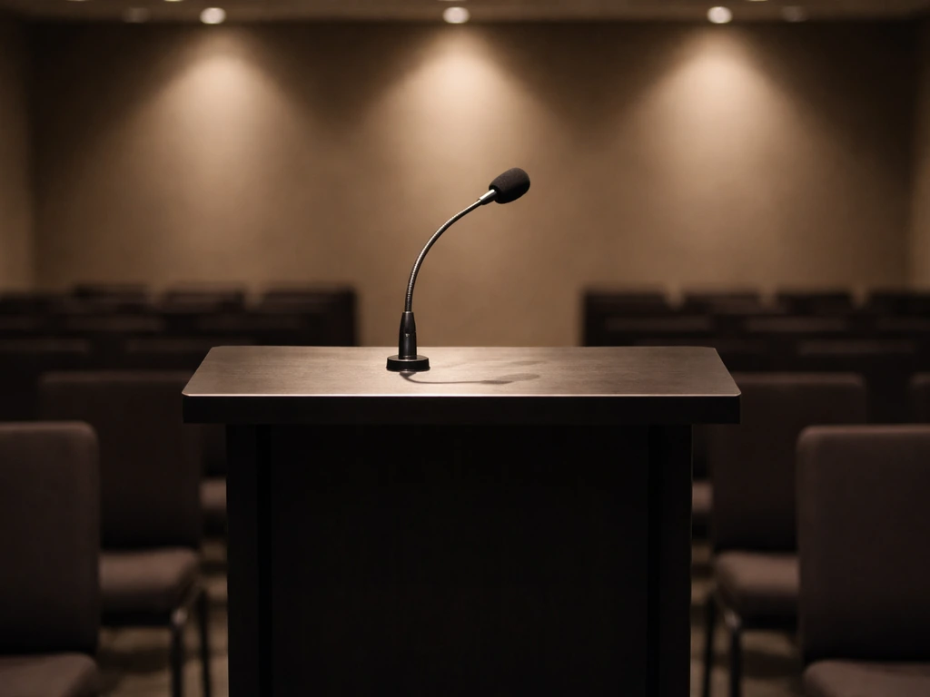 Empty keynote podium with microphone under warm conference lights in a quiet room.