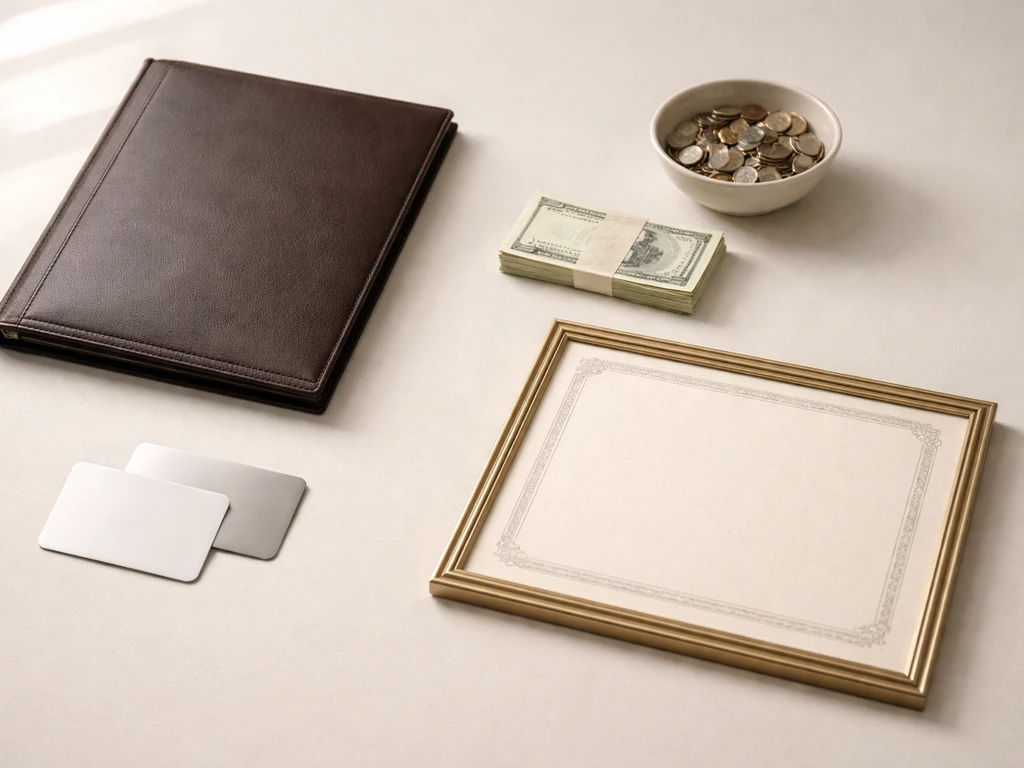 Minimal desk collage: business folder, blank investment cards, coins and cash, and blank certificate document.