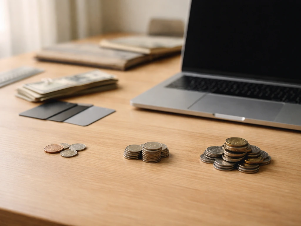 Minimal studio desk with a laptop and neatly arranged cash and credit cards, symbolizing estimated net worth.