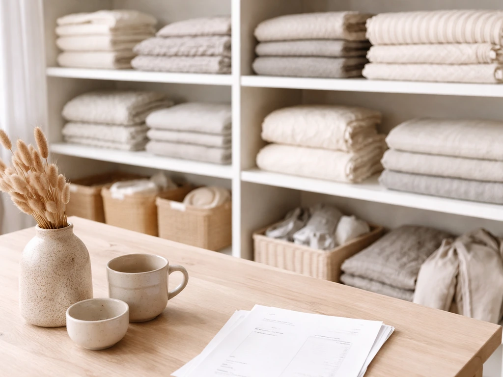 Neatly folded bedding and home goods on open shelves in a warm studio with natural light.