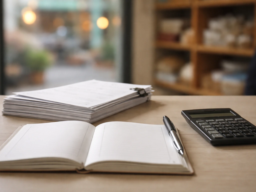 Close-up of retail business loan paperwork and a calculator on a desk, symbolizing liabilities reducing net worth