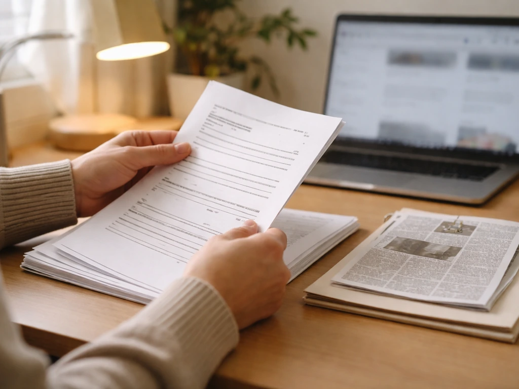 Person reviewing printed documents and news clippings beside a laptop in a quiet home office.