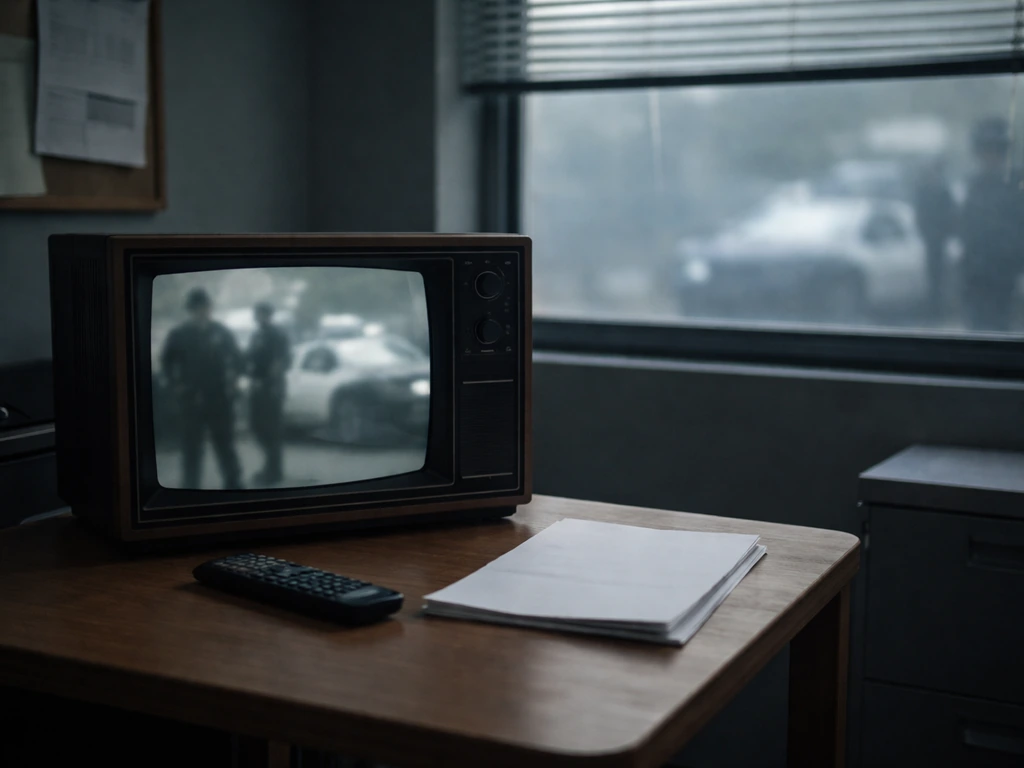 Minimal TV studio desk scene with a turned-on prop screen showing blurred police-action imagery