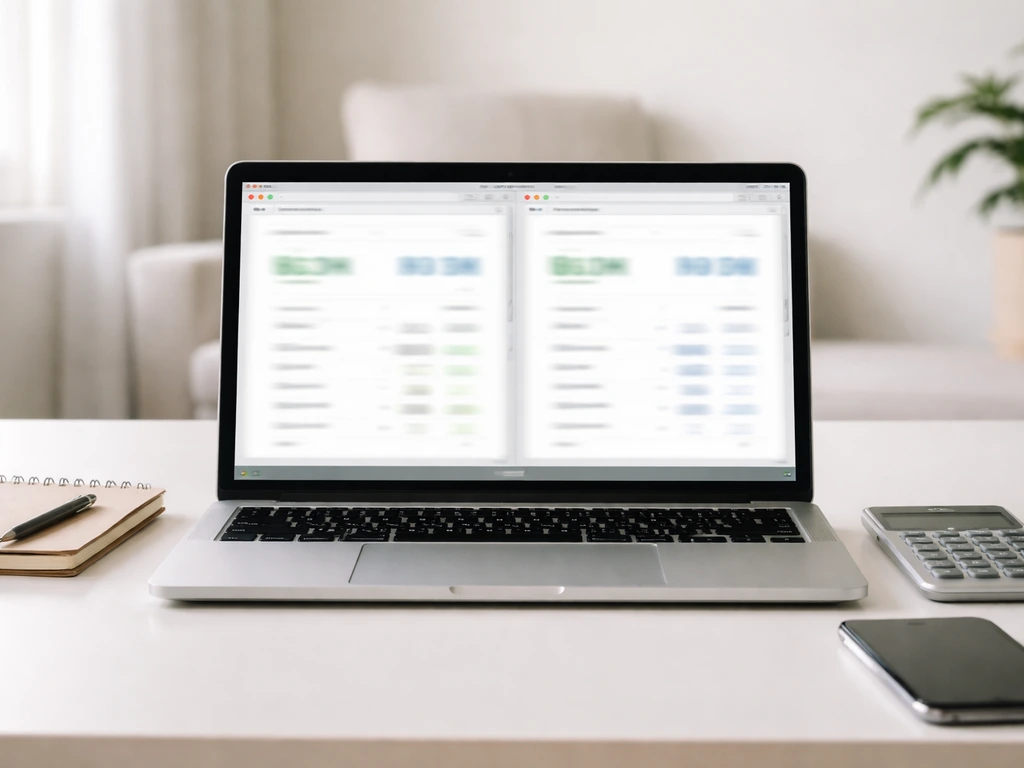 Two blurred finance websites on a laptop showing different net-worth-style figures, symbolic comparison