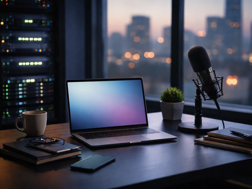 Anonymous AI executive workstation with warm lighting, city skyline through window, and subtle compute glow.