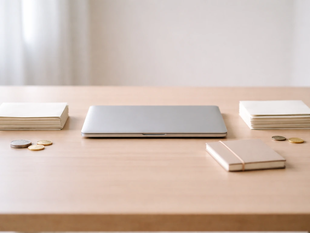 Minimal office scene with a tidy desk and two empty envelope stacks symbolizing estimate floor and headline range.