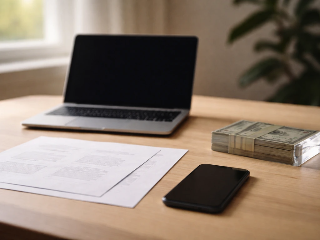 Minimal desk scene with laptop, blank papers, and money, symbolizing multiple net-worth estimates.