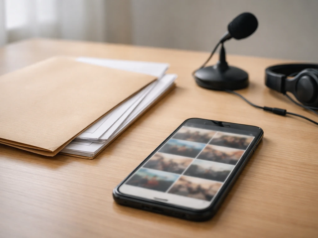 Minimal desk scene with a smartphone showing generic video thumbnails, and a folded contract envelope representing incom