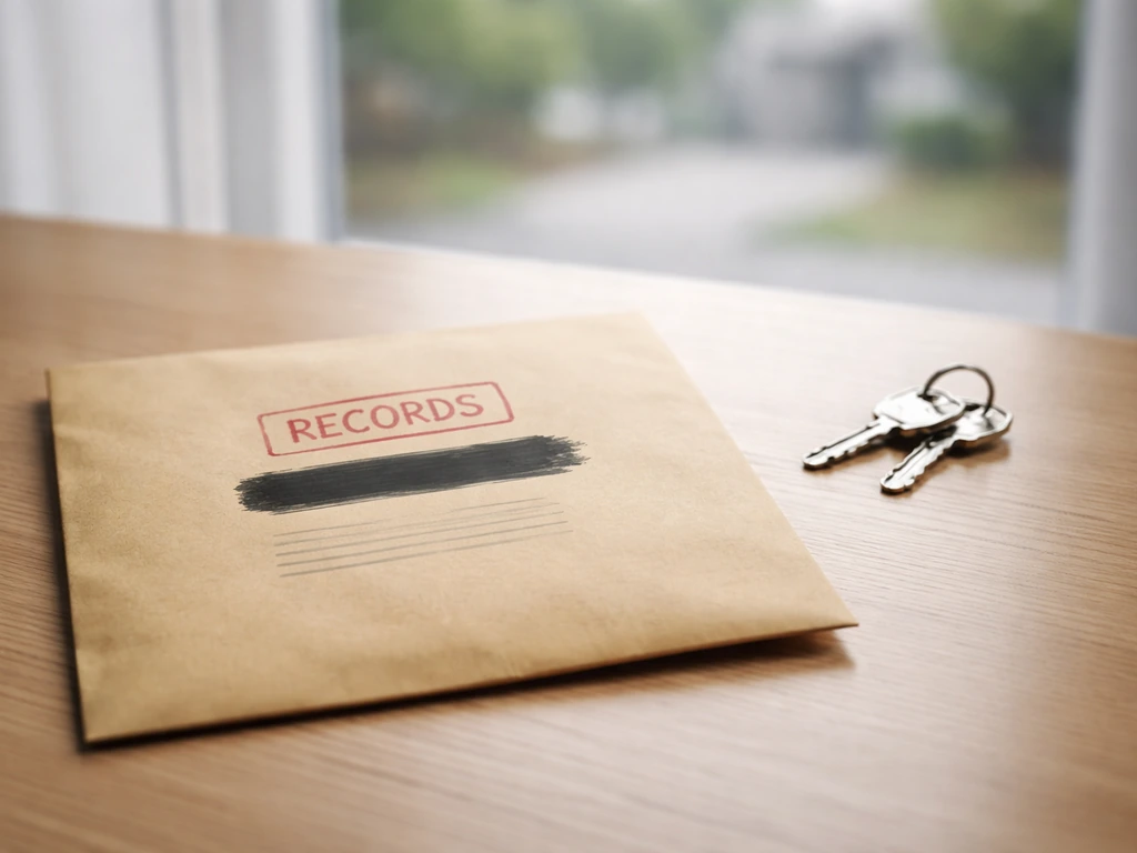 Hands reviewing a redacted property record envelope beside a simple house key on a desk