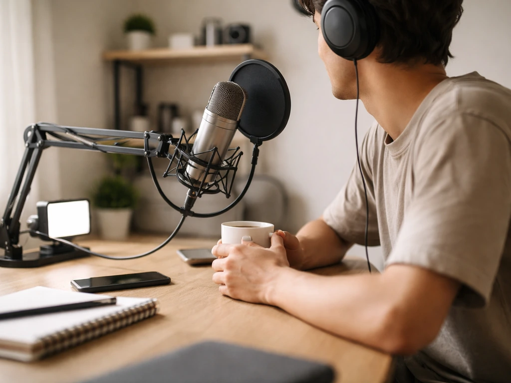 Anonymous creator in a softly lit home studio, mint-green microphone and smartphone nearby, suggesting social media weal