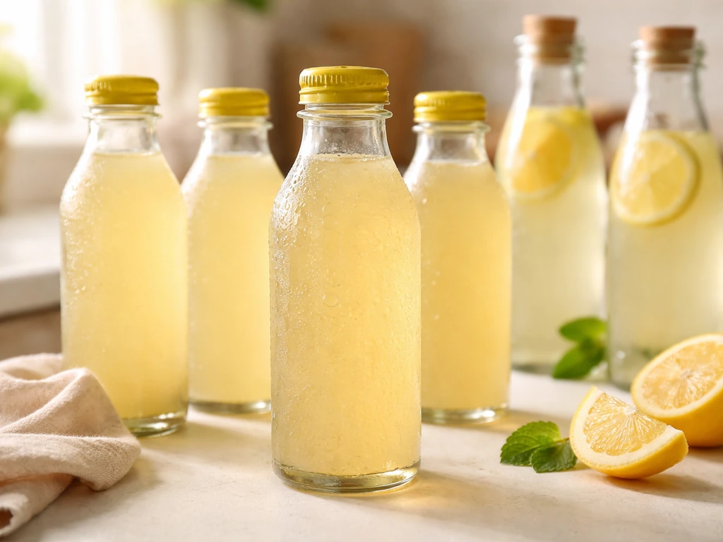 Close-up still-life of lemonade bottles on a kitchen counter with soft natural light