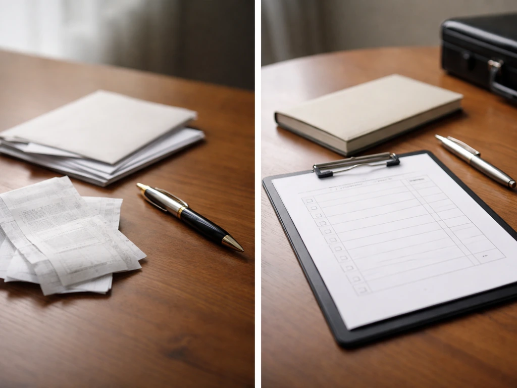 Minimal side-by-side tabletop scenes: receipts on one side, blank balance-sheet folder on the other.