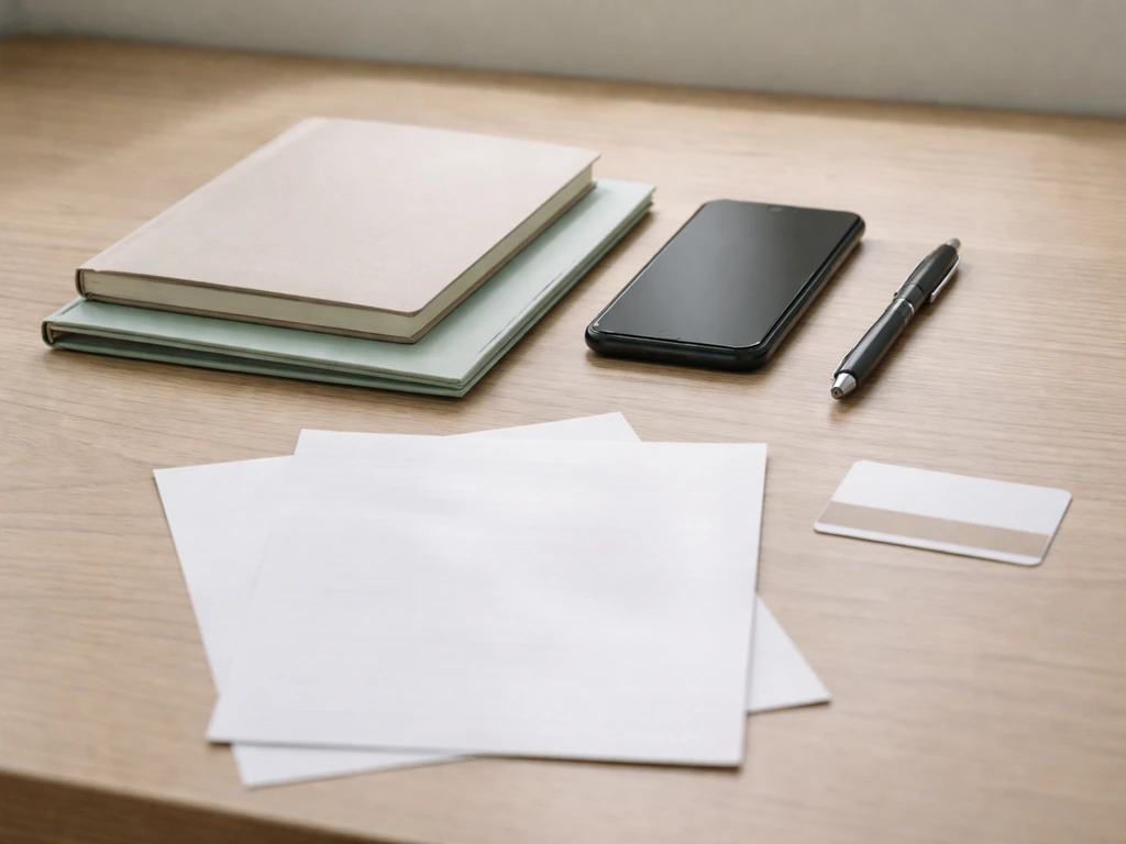 Minimal photo of a smartphone beside a notebook, folder, and pen, symbolizing auditing public business info.