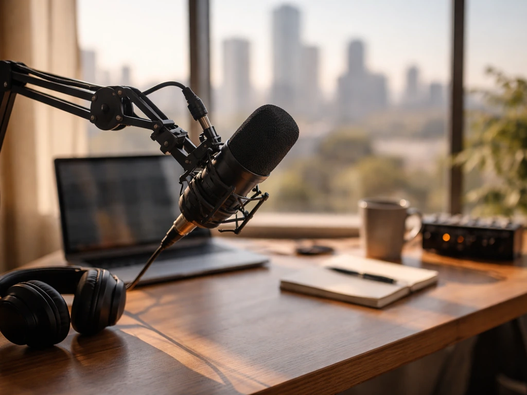Minimal office-style scene with a studio microphone and blurred city skyline, symbolizing media career and wealth