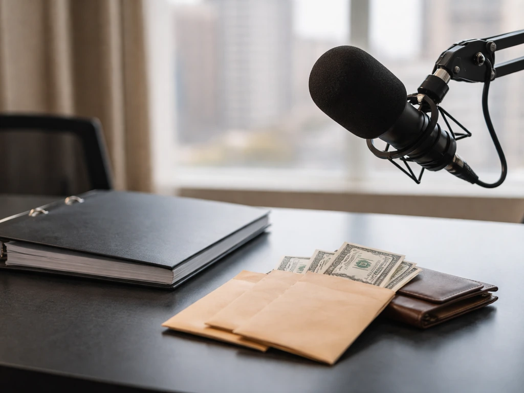 Minimal TV studio desk scene with microphone, wallet, and cash envelopes suggesting net worth calculation.