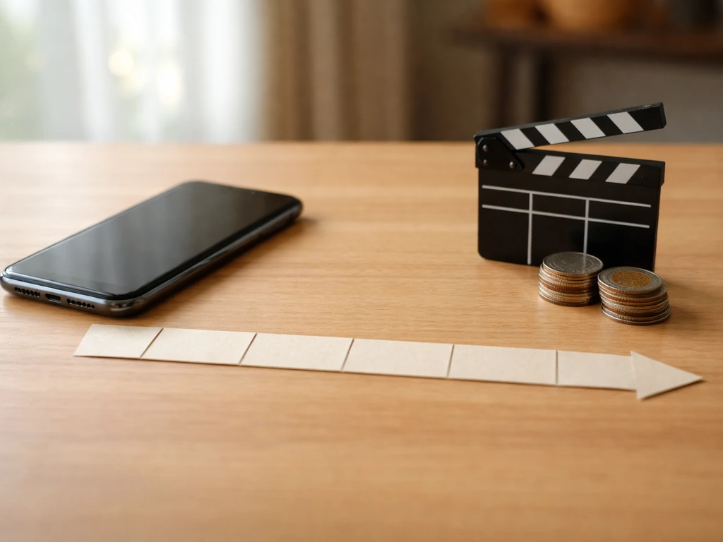 Minimal horizontal timeline scene with a smartphone and film studio props symbolizing career earnings milestones