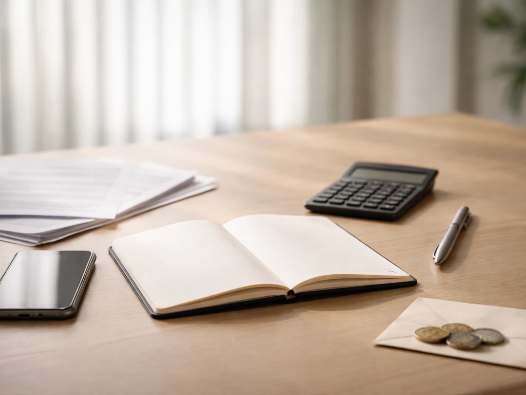 Minimal office desk with notebook, calculator, smartphone, and coins—symbolizing comparing financial estimates.