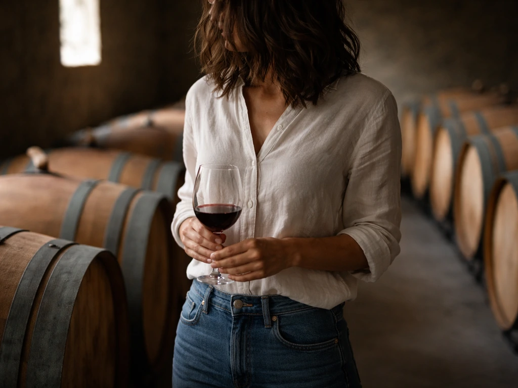 Robin McBride Sisters Wine Company co-founder—an anonymous winery co-founder silhouette at a wine barrel