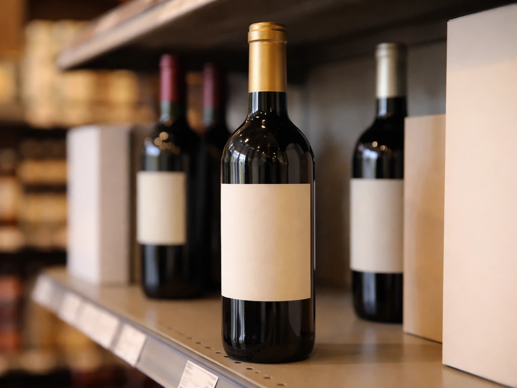 Close-up of a wine bottle with softly blurred bottles and retail shelves in the background