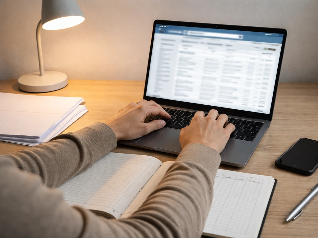 Minimal desk scene with laptop search results, spreadsheets, and documents for cross-checking business numbers.