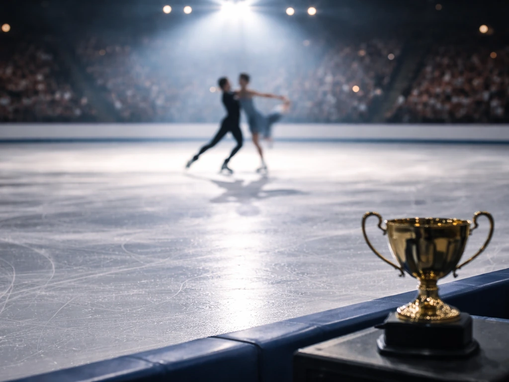 Blurred ice-dance action on an indoor rink with a trophy on a rink-side table, suggesting prize money.