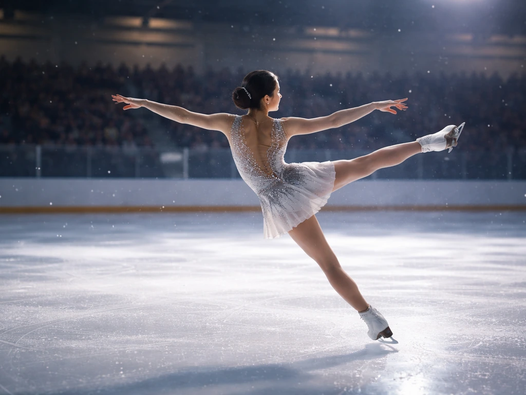 Indoor ice show touring rink with a solo skater gliding mid-spiral under bright lights.