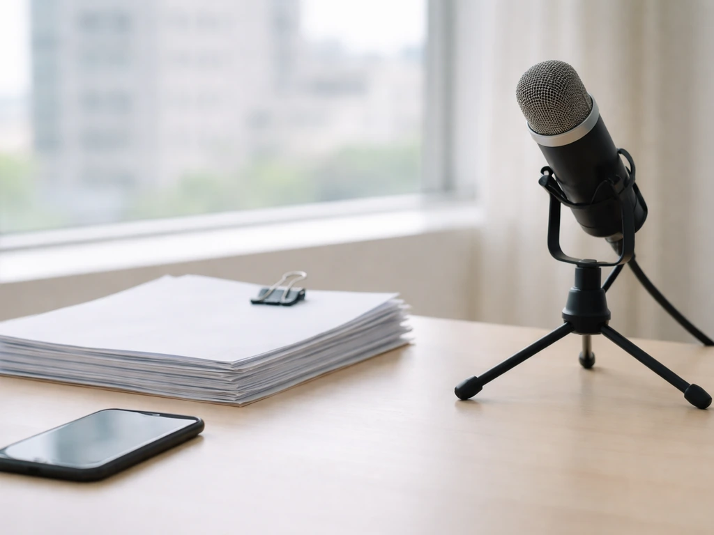 Minimal office desk scene with smartphone, documents, and microphone hinting at net worth inputs and timing differences.