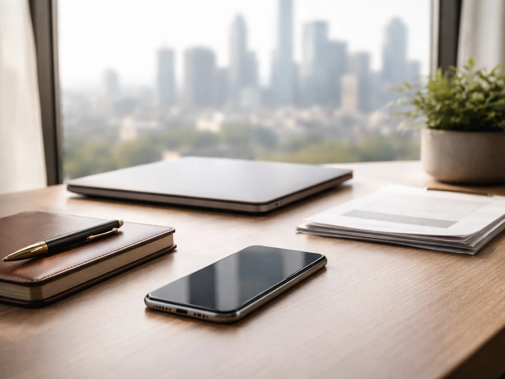 Sunlit desk with a smartphone and a closed laptop beside a softly lit city view, symbolizing media and finances.