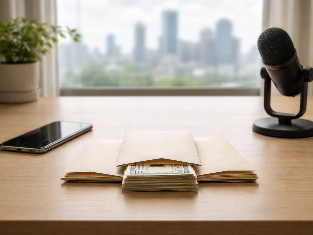 Minimal desk scene with a microphone and scattered cash envelopes, suggesting a $2M net worth range