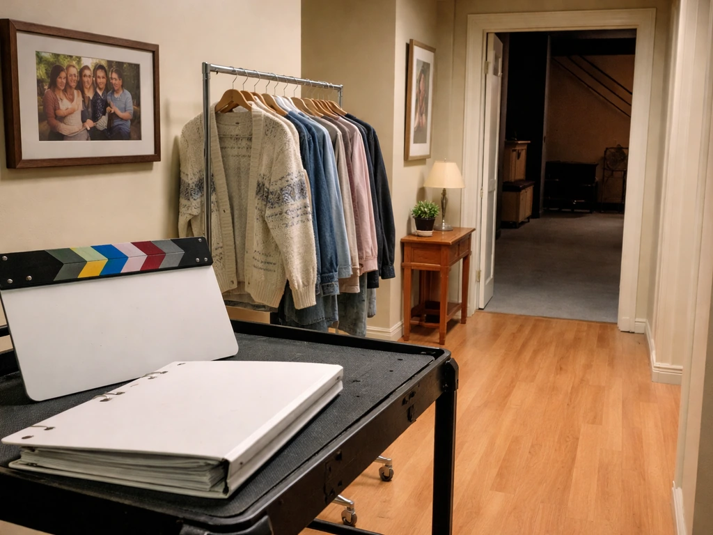 Minimal TV drama set hallway with wardrobe rack, production cart, and empty soundstage vibe.