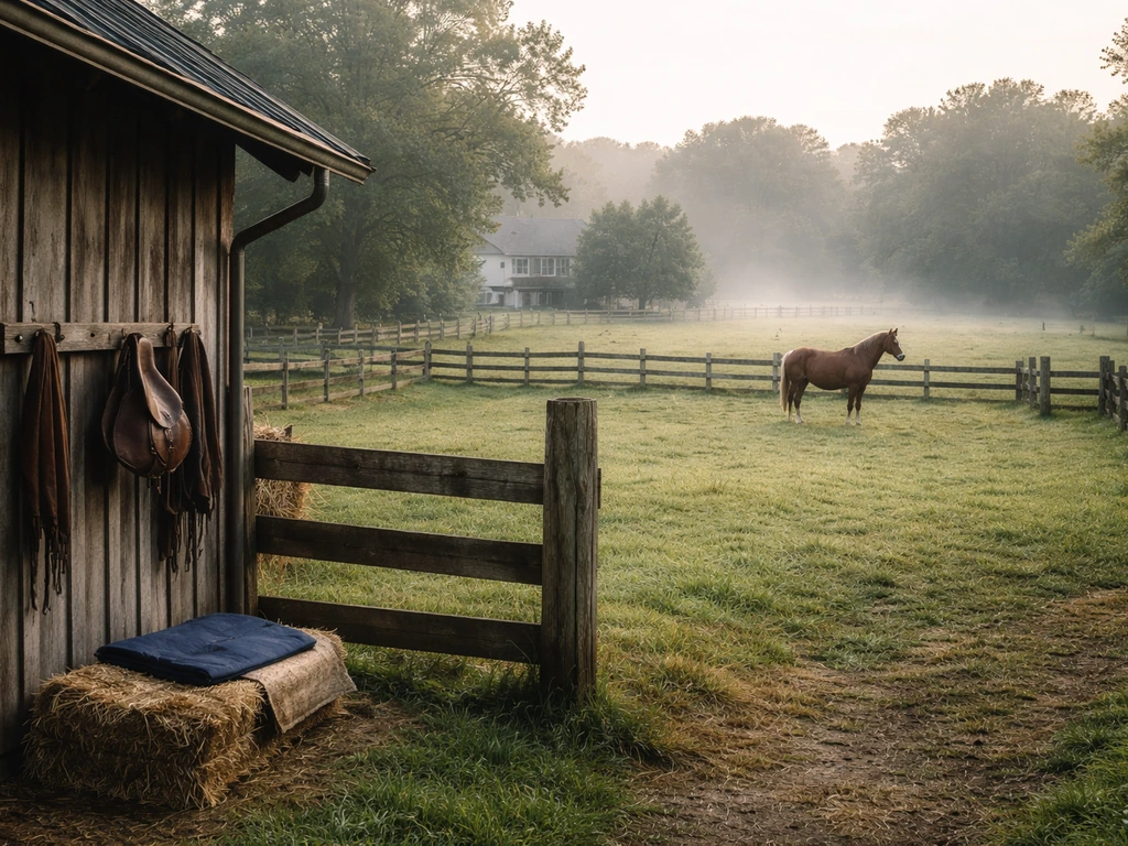 Rural farm paddock with a horse near a barn, suggesting property and equestrian assets shaping net worth.