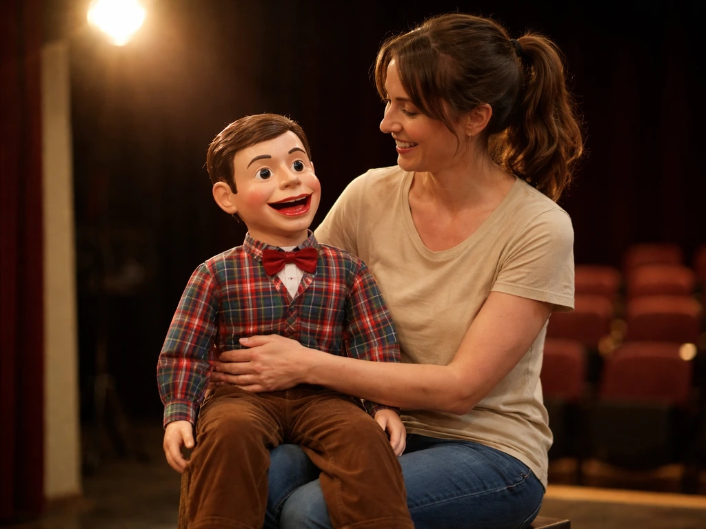 Anonymous ventriloquist performing on a small theater stage with a puppet under warm spotlight