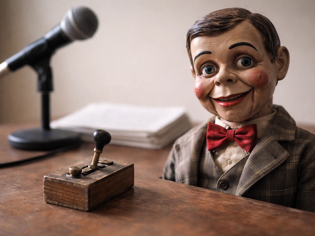 Close-up of a vintage ventriloquist puppet prop and stage controls with a blurred microphone behind