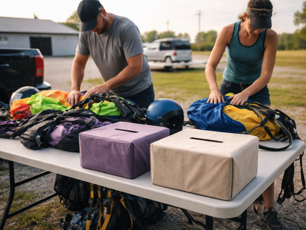 Volunteers organizing skydiving charity gear and donation boxes at a quiet airfield.