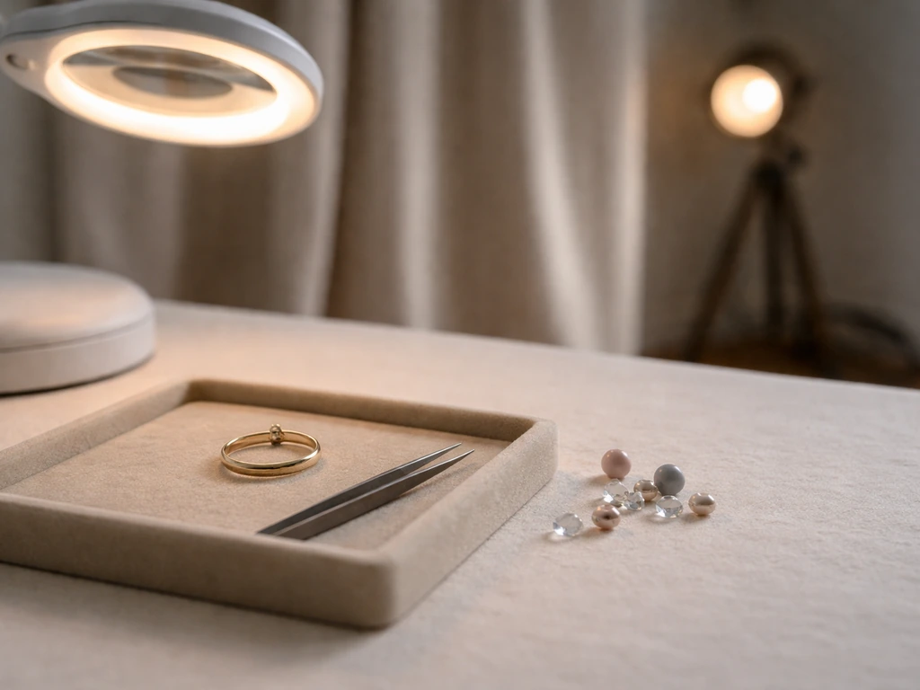 Minimal jewelry design studio scene with tools and a soft-glowing ring, symbolizing acting and luxury work.