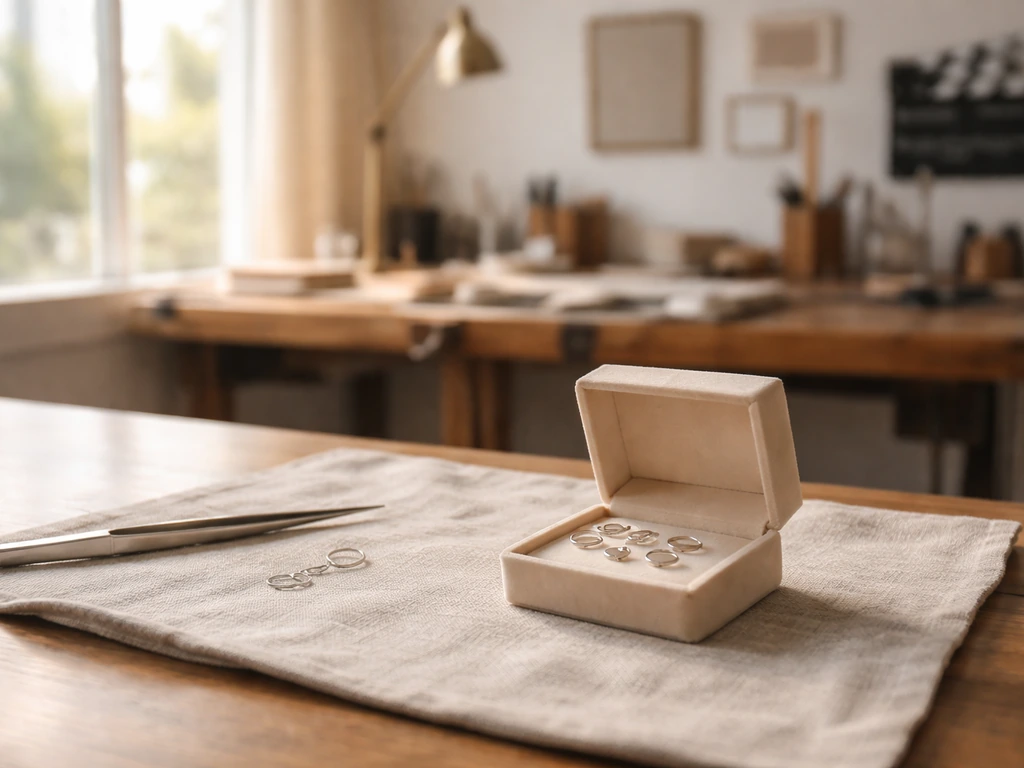 Minimal jewelry studio scene with a small open jewelry box, tools, and a softly lit workspace in Los Angeles