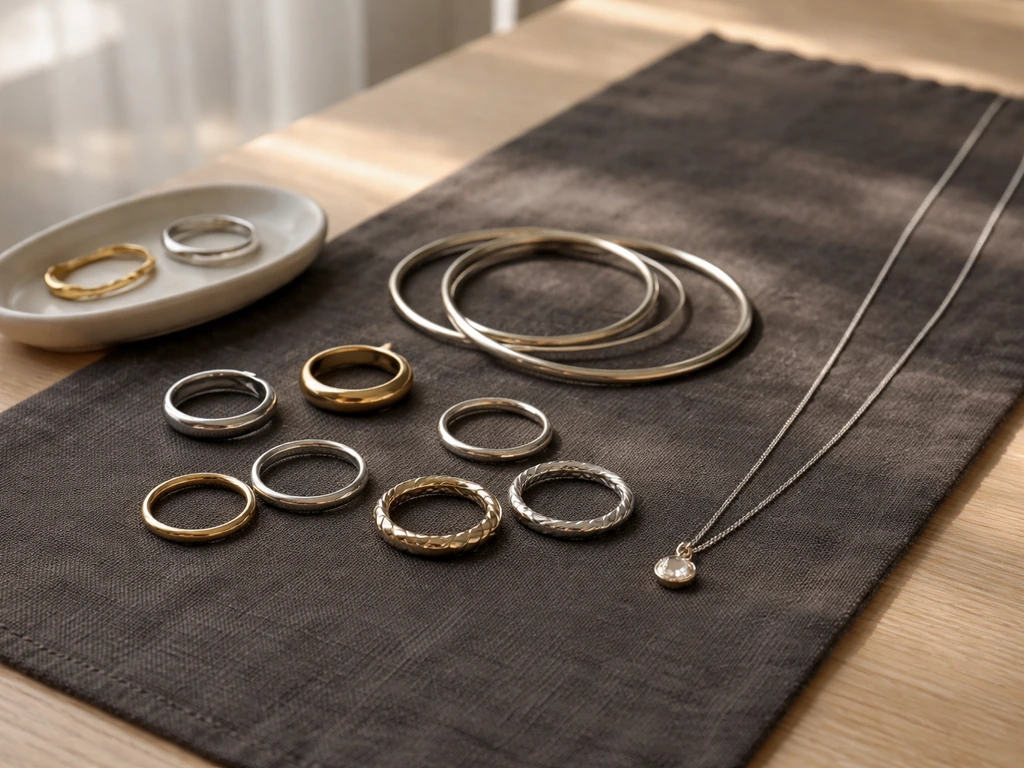 Mixed metal jewelry pieces neatly laid out on a simple display surface