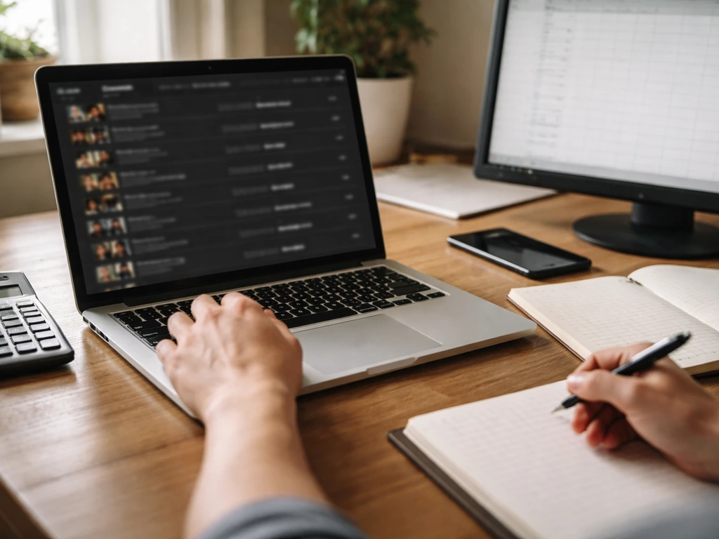 Person working at a desk with a laptop showing an IMDb-like credits list and a tracker spreadsheet mockup.