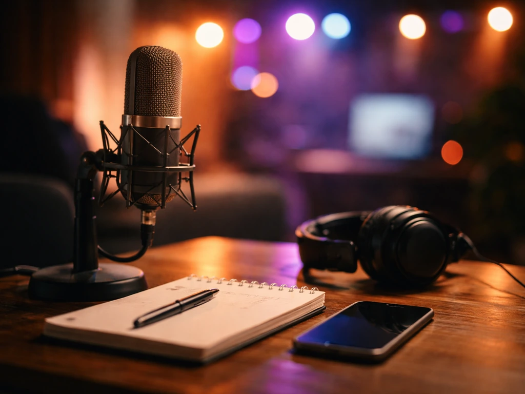 Minimal recording studio desk with a broadcast microphone and headphones, symbolizing media fame and net worth searches.