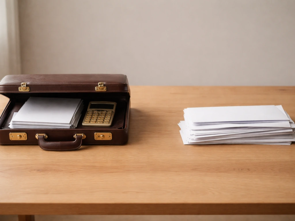 Minimal desk scene with assets (briefcase and documents) on the left and liabilities (envelopes) on the right.