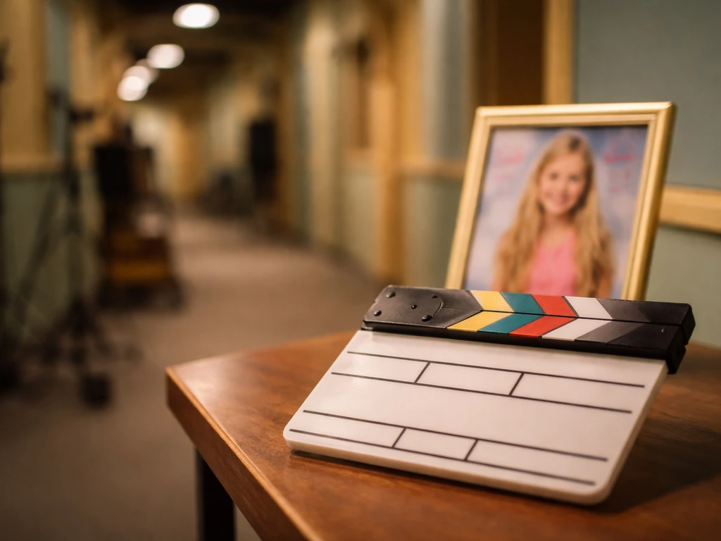 Warm studio hallway scene with a clapperboard and a blurred TV publicity photo frame on a prop table.