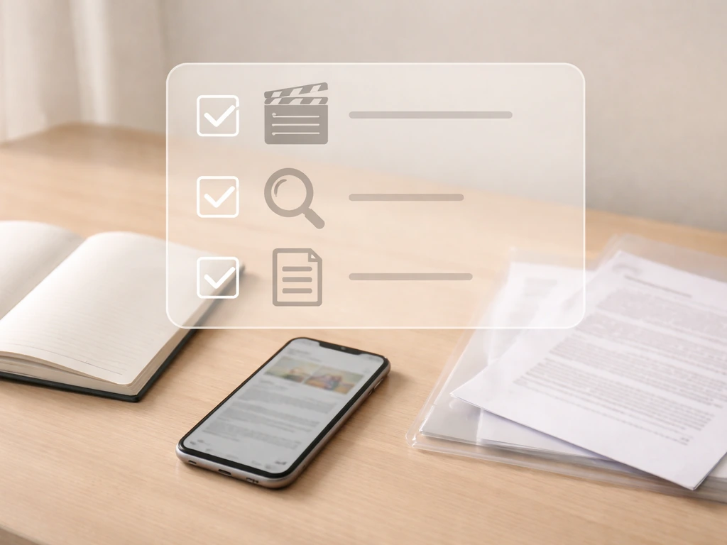 Minimal desk scene with blank pages and a subtle checklist overlay over a generic smartphone screen