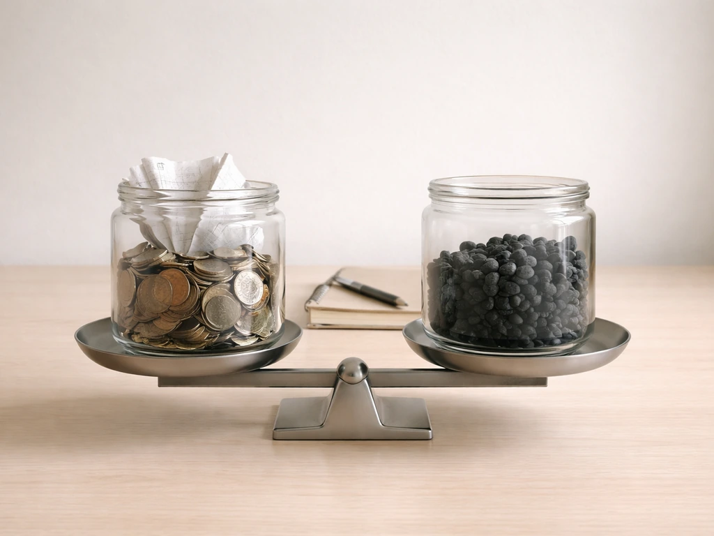 Two glass containers on a desk with coins and stones representing assets versus liabilities.