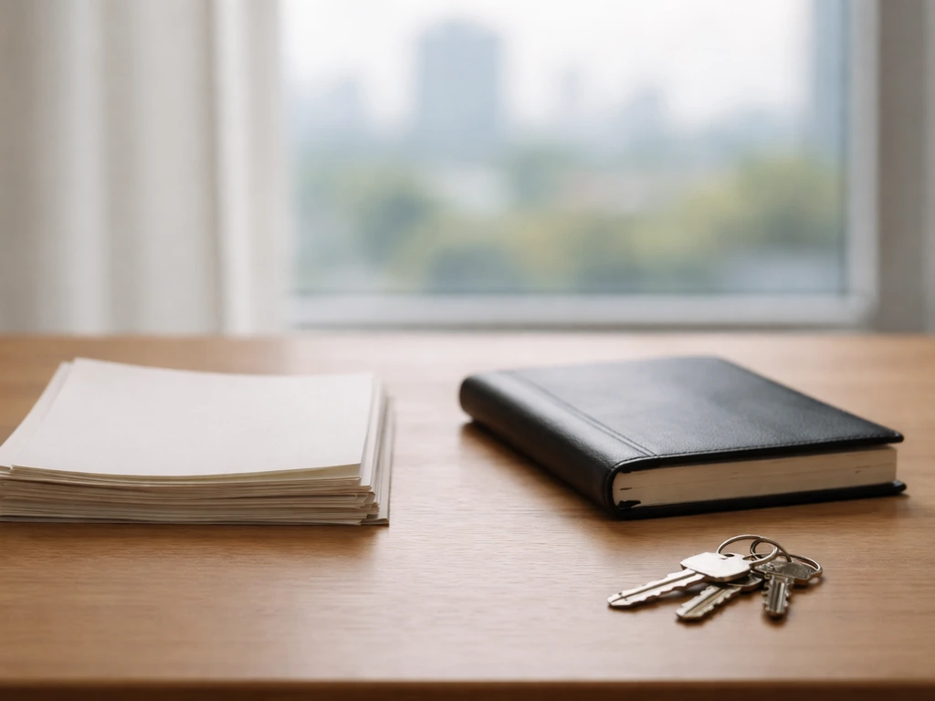 Minimal desk scene with blank documents and keys suggesting verifiable versus unverified records